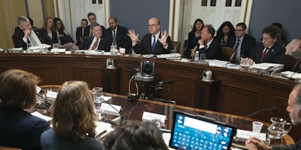 House Rules Committee Chairman Rep. Jim McGovern, D-Mass., top center, leads a hearing on a 