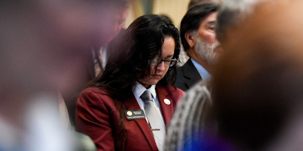 DENVER, CO - JANUARY 4: Rep. Rochelle Galindo stands with fellow representatives and their families during the first day of the 2019 Colorado Legislative Session at the capitol on Friday, January 4, 2019. (Photo by AAron Ontiveroz/The Denver Post via Getty Images)