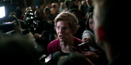 SIOUX CITY, IOWA - JANUARY 05: Sen. Elizabeth Warren (D-MA) speaks to the press during an organizing event at the Orpheum Theater on January 5, 2019 in Sioux City, Iowa. Warren announced on December 31 that she was forming an exploratory committee for the 2020 presidential race.  (Photo by Scott Olson/Getty Images)