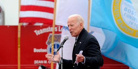 Former US Vice President Joe Biden speaks at a rally organized by UFCW Union members in Dorchester, Mass., on April 18, 2019. 
