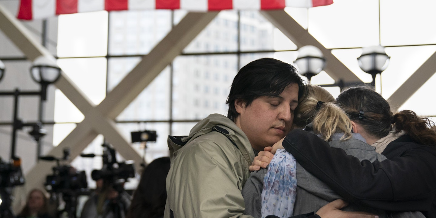 MINNEAPOLIS, MN - APRIL 30: Ryan Masterson and his wife Jenelle Masterson, right, hugged Sarah Kuhnen after former Minneapolis police officer Mohamed Noor was found guilty of third-degree murder and second-degree manslaughter in the shooting death of Justine Ruszczyk Damond in Minneapolis, Minn., on Tuesday, April 30, 2019. They are all neighbors and friends of Justine and members of Justice for Justine. (Photo by Renee Jones Schneider/Star Tribune via Getty Images)
