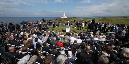 Donald Trump visit to Scotland. US presidential hopeful Donald Trump speaks at Turnberry hotel in South Ayrshire, where the Trump Turnberry golf course has been revamped. Picture date: Friday June 24, 2016. Trump will cut the ribbon at the resort he purchased two years ago which has undergone a £200 million refurbishment. See PA story POLITICS Trump. Photo credit should read: Andrew Milligan/PA Wire URN:26700762
