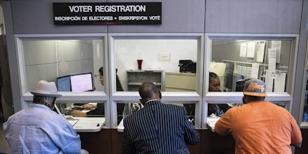 FILE -- People register to vote after a state constitutional amendment restored the voting rights of former felons in Doral, Fla., Jan. 8, 2019. Gov. Ron DeSantis of Florida signed into law on June 28 significant restrictions to the recently restored voting rights of people with felony convictions, prompting the American Civil Liberties Union to sue the state hours later. (Scott McIntyre/The New York Times)