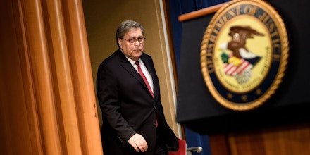 TOPSHOT - US Attorney General William Barr arrives for a press conference about the release of the Mueller Report at the Department of Justice April 18, 2019, in Washington, DC. - US Attorney General Bill Barr said Thursday that the White House fully cooperated with Special Counsel Robert Mueller's probe of Russian election meddling and that President Donald Trump took no action to thwart the probe. 