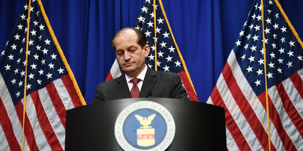 Labor Secretary Alexander Acosta holds a press conference at the US Department of Labor on July 10, 2019 in Washington,DC. - Democratic Party leaders called on July 9, 2019 for the resignation of President Donald Trump's secretary of labor over a secret plea deal he made a decade ago with a wealthy hedge fund manager accused of sexually abusing young girls. Labor Secretary Alexander Acosta, 50, was serving as a federal prosecutor in Florida when his office entered into the controversial plea agreement with financier Jeffrey Epstein. (Photo by Brendan Smialowski / AFP)        (Photo credit should read BRENDAN SMIALOWSKI/AFP/Getty Images)