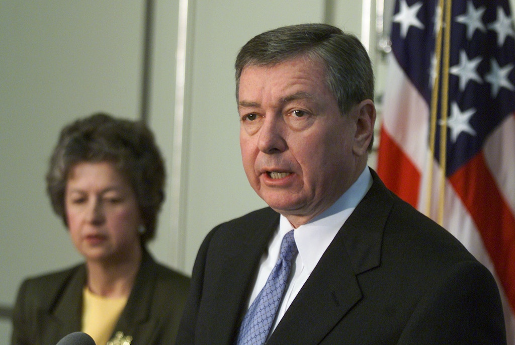 387784 01: Attorney General John Ashcroft, right, speaks about the execution of Timothy McVeigh, as the Federal Bureau of Prisons Director Kathleen Hawk Sawyer looks on, April 12, 2001 at the Justice Department in Washington, DC. Ashcroft announced that the execution will be made available to view on a closed circuit television for victims and relatives of the Oklahoma City bombing. (Photo by Mark Wilson/Newsmakers)