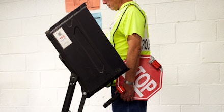 NANTICOKE, PA - MAY 15:  Crossing guard Chester A. Prushinaki, 71, casts his vote at the Greater Nanticoke Area School District Football Stadium polling station during the 2018 Pennsylvania Primary Election on May 15, 2018 in Nanticoke, Pennsylvania.  In the second major May primary day nationwide, four states go to the polls: Idaho, Nebraska, Oregon, and Pennsylvania.  (Photo by Mark Makela/Getty Images)