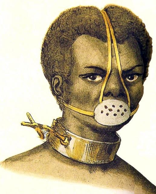 Gravura mostrando um escravizado com ferros no pescoço e máscara de flandres.