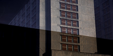 The Metropolitan Detention Center in Brooklyn, New York, as seen through reflective glass on July 16, 2019.