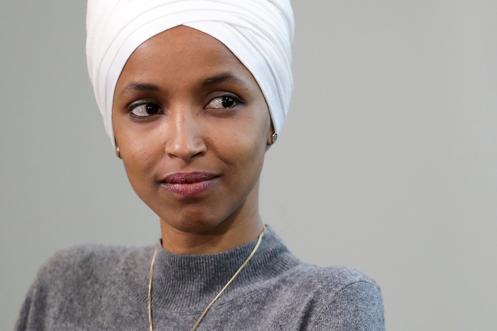 WASHINGTON, DC - JULY 23: U.S. Rep. Ilhan Omar (D-MN) participates in a panel discussion during the Muslim Collective For Equitable Democracy Conference and Presidential Forum at the The National Housing Center July 23, 2019 in Washington, DC. As a member of a group of four freshman Democratic women of color, known informally as 'The Squad,' Omar has been targeted by President Donald Trump with controversial tweets during the last week. (Photo by Chip Somodevilla/Getty Images)
