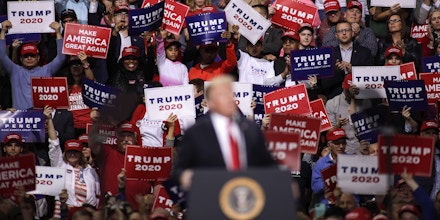 GREEN BAY, WI - APRIL 27: US President Donald Trump speaks to a crowd of supporters at a Make America Great Again rally on April 27, 2019 in Green Bay, Wisconsin. (Photo by Darren Hauck/Getty Images)