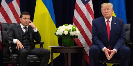 US President Donald Trump and Ukrainian President Volodymyr Zelensky looks on during a meeting in New York on September 25, 2019, on the sidelines of the United Nations General Assembly. (Photo by SAUL LOEB / AFP)        (Photo credit should read SAUL LOEB/AFP/Getty Images)