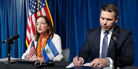 Acting Secretary of Homeland Security Kevin K. McAleenan with Alexandra Hill, minister of foreign affairs for El Salvador, speak during a during news conference at the U.S. Customs and Border Protection headquarters in Washington, D.C., on Sept. 20, 2019.