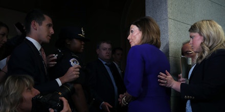 WASHINGTON, DC - SEPTEMBER 24: Speaker of the House Nancy Pelosi (D-CA) speaks to the media after a meeting with the House Democratic caucus after she announced that House Democrats will start an impeachment injury of U.S. President Donald Trump, on September 24, 2019 in Washington, DC. Pelosi announced a formal impeachment inquiry today after allegations that President Donald Trump sought to pressure the president of Ukraine to investigate leading Democratic presidential contender, former Vice President Joe Biden and his son, which was the subject of a reported whistle-blower complaint that the Trump administration has withheld from Congress. (Photo by Mark Wilson/Getty Images)