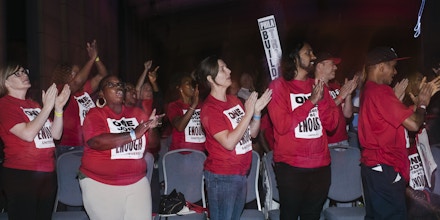 UniteHere Local 274 union members cheer after presidential candidate Bernie Sanders finished speaking at the WorkersÕ Presidential Summit in Philadelphia, PA on Tuesday, September 17, 2019. The primary focus was on how the presidential candidates would support unions and their workers.Hannah Yoon for The Intercept