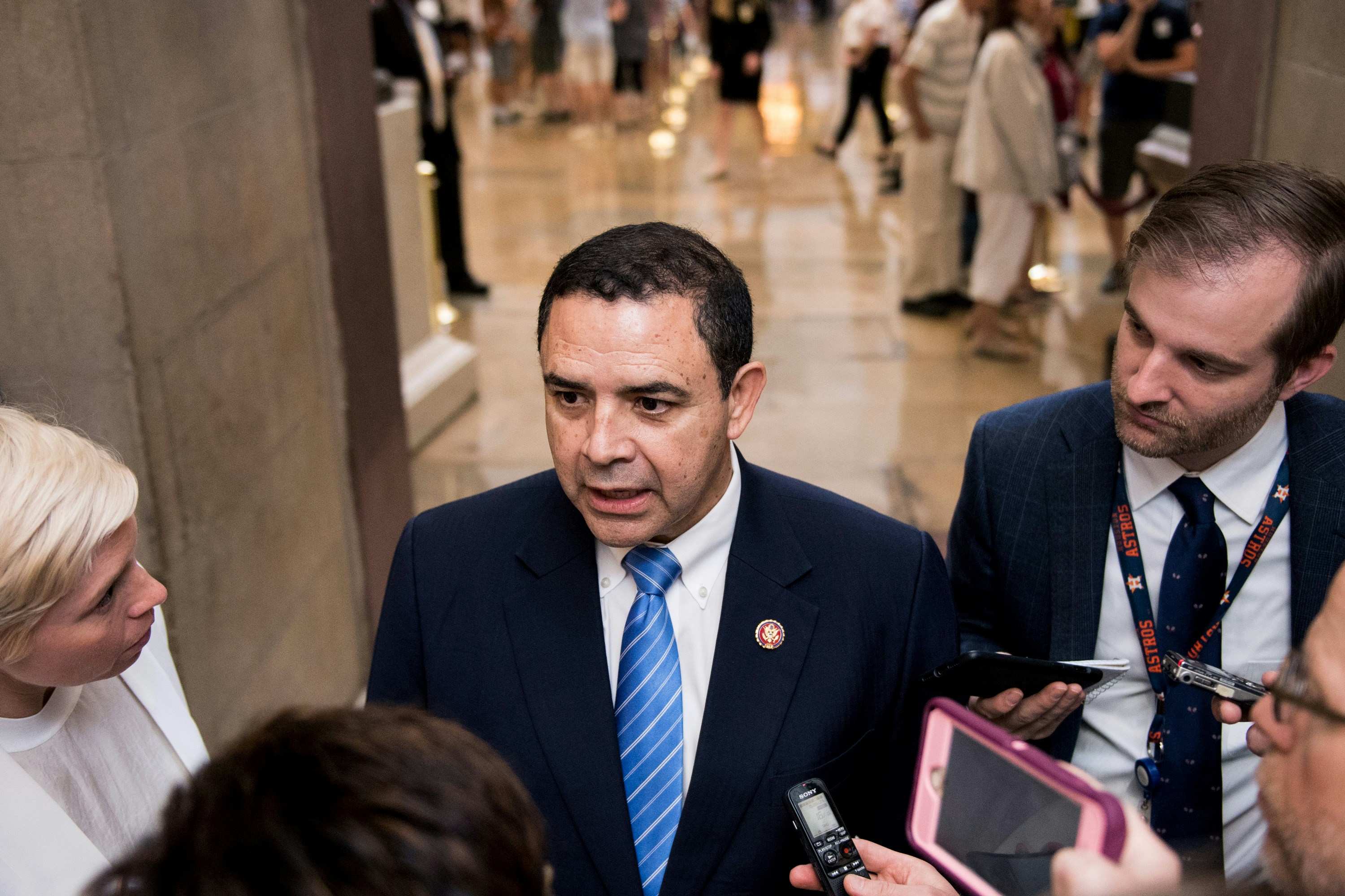 UNITED STATES - JUNE 27: Rep. Henry Cuellar, D-Texas, speaks with reporters outside of Speaker Pelosi's office about the agreement to take up the Senate border bill on Thursday, June 27, 2019. (Photo By Bill Clark/CQ Roll Call via AP Images)