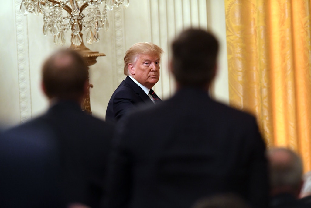 US President Donald Trump leaves after a joint press conference with Finnish President Sauli Niinisto (not shown) in the East Room of the White House in Washington, DC, on October 2, 2019. (Photo by SAUL LOEB / AFP) (Photo by SAUL LOEB/AFP via Getty Images)