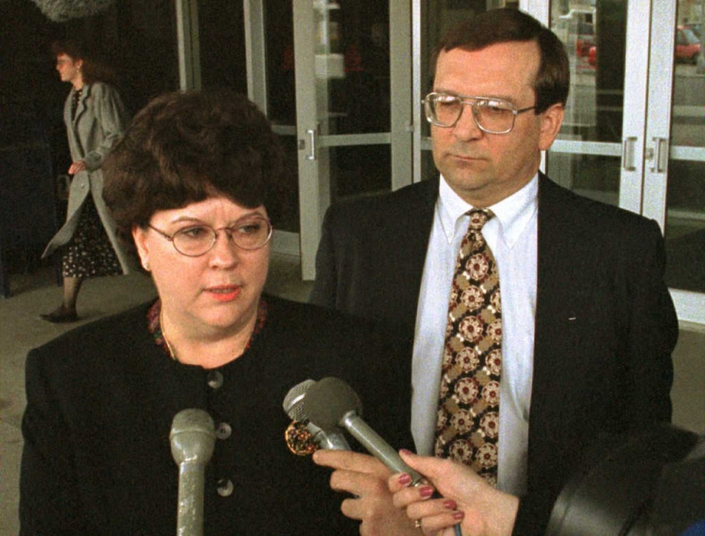 BILLINGS, MT - APRIL 12:  US Attorney for the District of Montana Sherry Matteucci (L) and Assistant US Attorney Jim Seykora (R) talk to the media outside the Federal Building in Billings, MT, after the arraignmet of Agnes Stanton and her son Elbert Stanton 12 April 1996.  The Stantons surrendered to federal authorities 11 April outside the Freemen compound near Brusett, MT.  (Photo credit should read JOHN RUTHROFF/AFP/Getty Images)