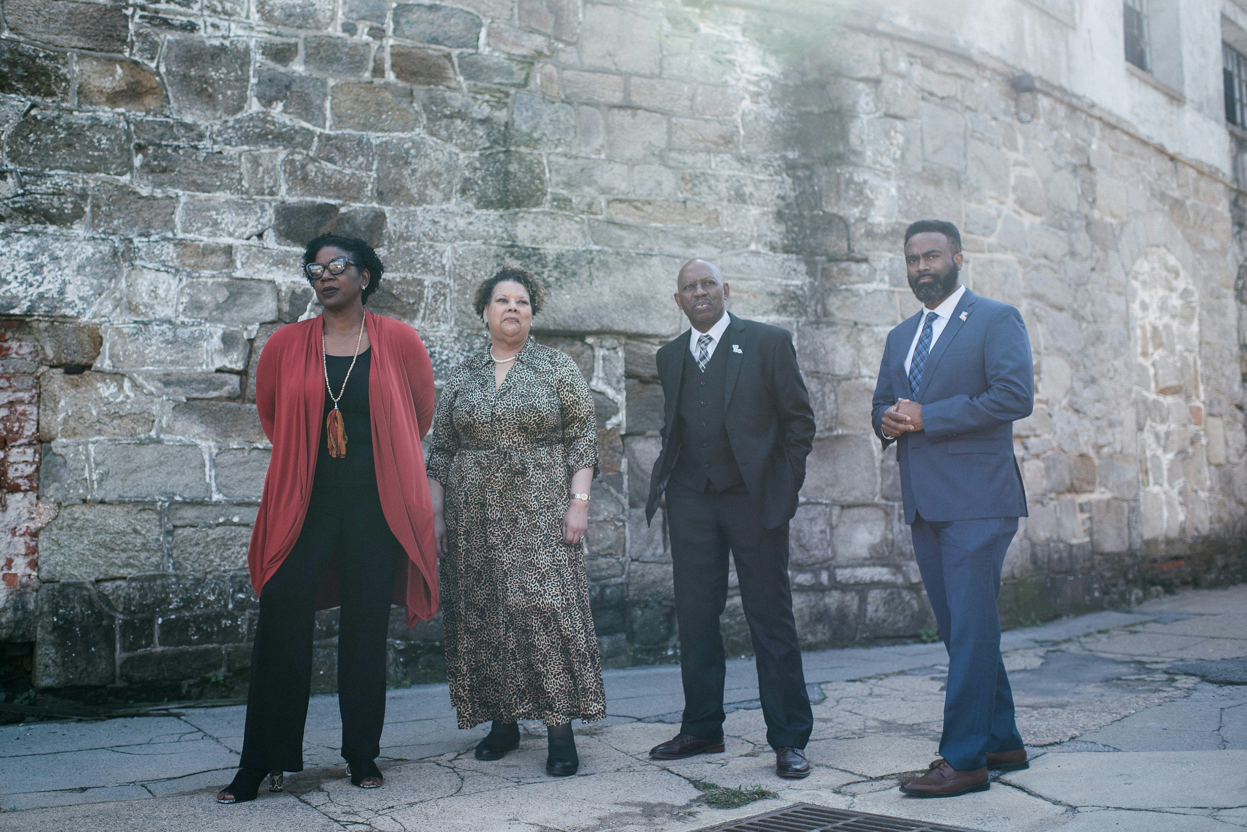 DeAnna Hoskins, left, Vivian D. Nixon, Norris Henderson, and Daryl Atkinson stand together at the Eastern State Penitentiary in Philadelphia, PA. on Monday, October 28, 2019. Hoskins, Nixon, Henderson and Atkinson moderated a presidential town hall on the issue of mass incarceration.Hannah Yoon for The Intercept