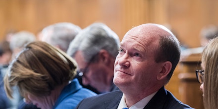UNITED STATES - AUGUST 1: Sen. Chris Coons, D-Del., is seen during a Senate Judiciary Committee markup of the Secure and Protect Act of 2019 on August 1, 2019. (Photo By Tom Williams/CQ Roll Call via AP Images)