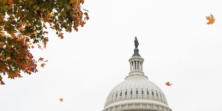 UNITED STATES - OCTOBER 31: Fall leaves fly past the Capitol dome on Thursday, Oct. 31, 2019. (Photo By Bill Clark/CQ Roll Call via AP Images)