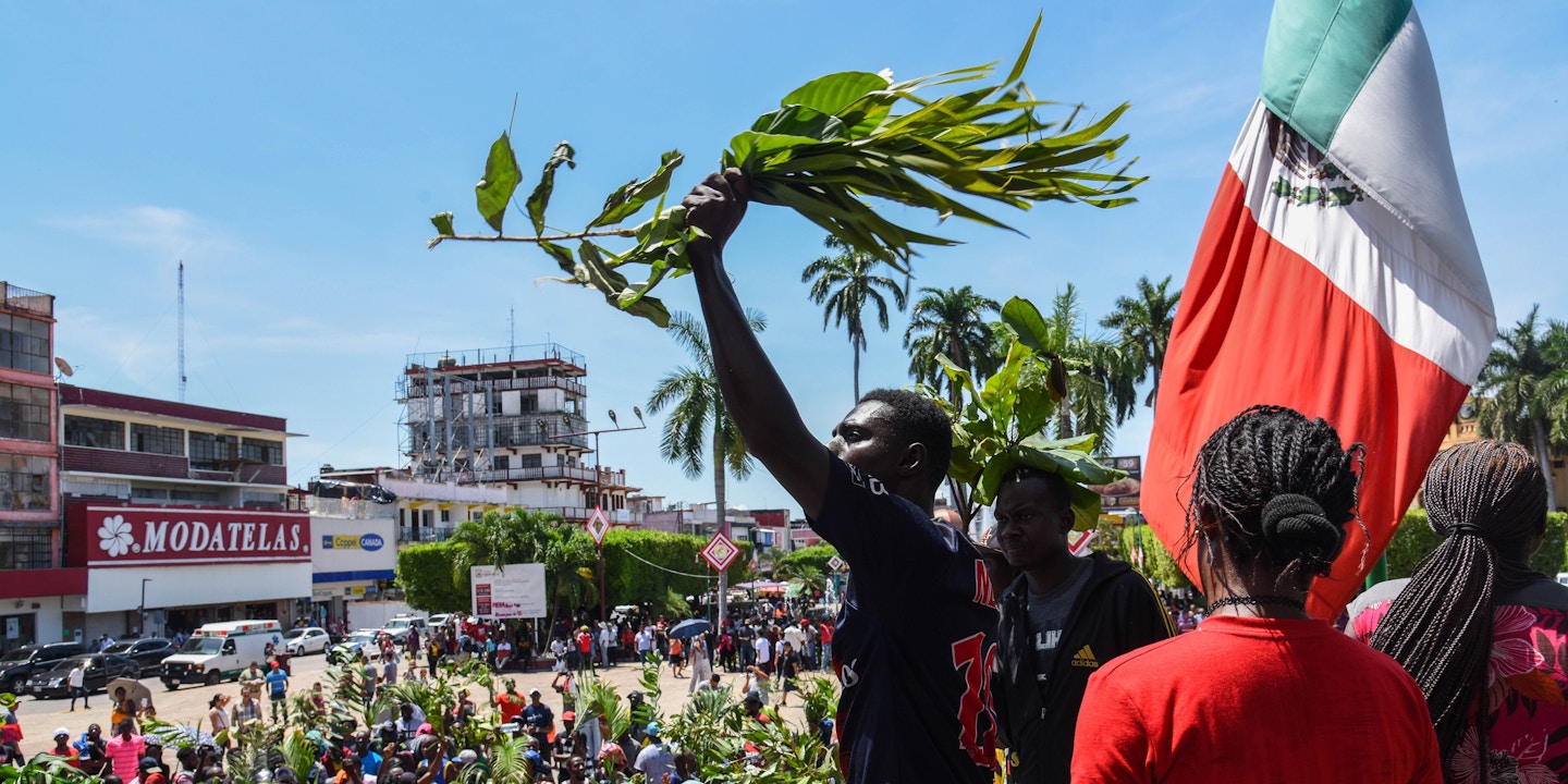 African migrants march demanding humanitarian visas that would enable them to cross Mexico on their way to the US, in Tapachula, Chiapas state, Mexico, in the border with Guatemala, on September 30, 2019. (Photo by ISAAC GUZMAN / AFP) (Photo credit should read ISAAC GUZMAN/AFP via Getty Images)