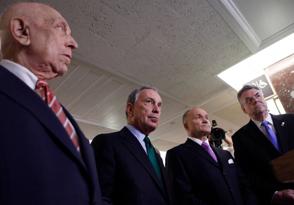 From left, Sen. Frank Lautenberg, D-N.J., New York Mayor Michael Bloomberg, New York Police Commissioner Ray Kelly, and Rep. Peter King, R-N.Y., answer questions on Capitol Hill in Washington, Wednesday, May 5, 2010, after they testified before the Senate Homeland Security and Government Affairs Committee. (AP Photo/Pablo Martinez Monsivais)