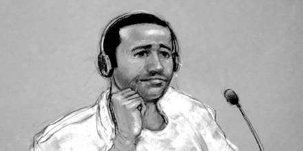 FILE - This Nov. 9, 2011, file artist rendering by courtroom artist Janet Hamlin, reviewed by the U.S. military, shows Abd Al Rahim Al Nashiri, accused of setting up the bombing of the USS Cole, depicted during his military commissions arraignment at the Guantanamo Bay detention center in Guantanamo, Cuba. Europe's top human rights court ruled Thursday, July 24, 2014, that Poland violated the rights of two terror suspects by allowing the CIA to secretly imprison them on Polish soil from 2002-2003 and facilitating the conditions under which they were subject to torture. (AP Photo/Janet Hamlin, File)