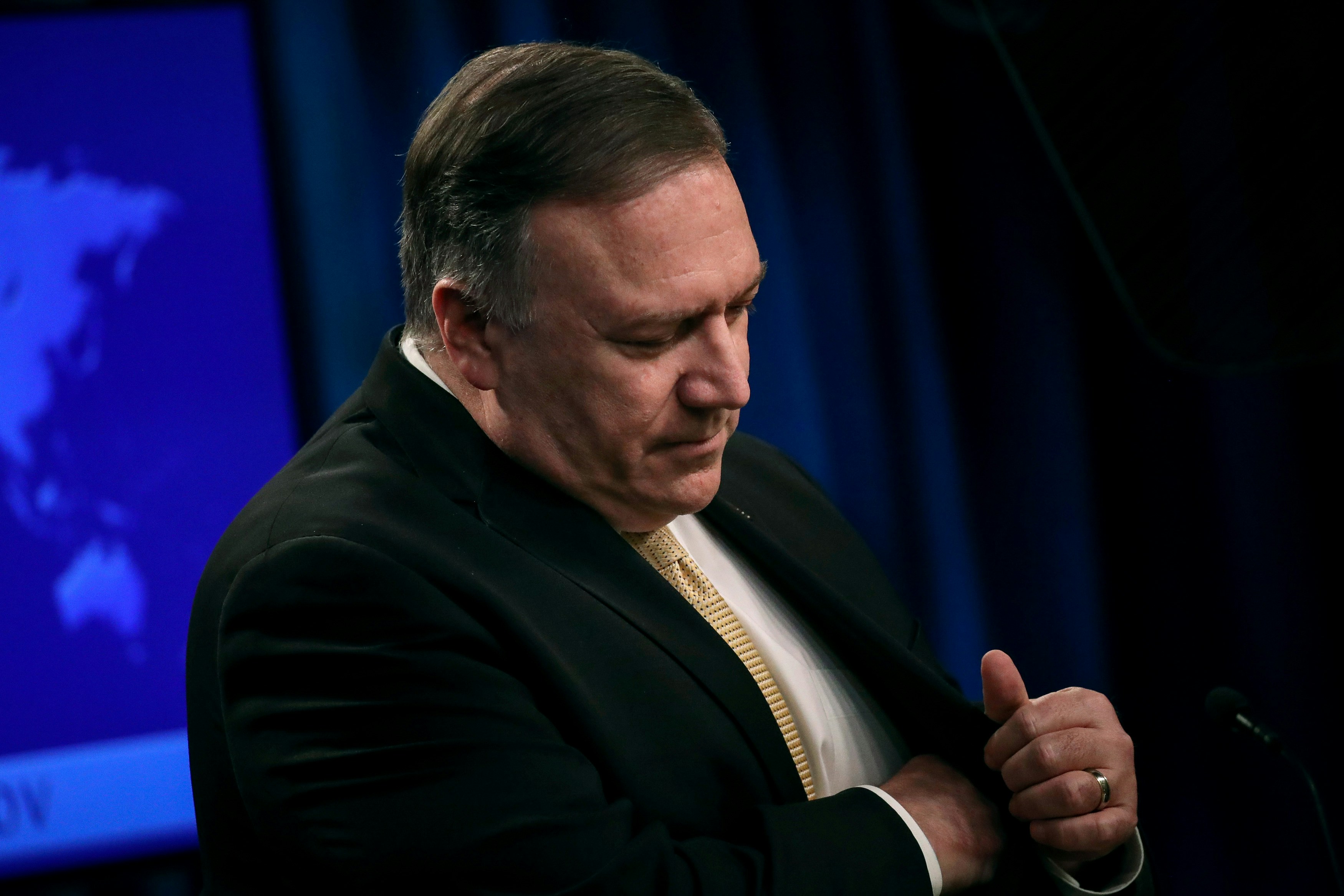 WASHINGTON, DC - NOVEMBER 18: U.S. Secretary of State Mike Pompeo pauses while speaking during a press conference at the U.S. Department of State on November 18, 2019 in Washington, DC.  Pompeo announced that the Trump administration does not consider Israeli settlements in the West Bank a violation of international law. Pompeo also spoke about protests in Iran, Iraq and Hong Kong. (Photo by Drew Angerer/Getty Images)