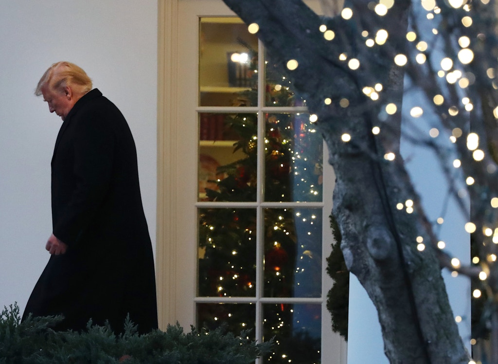 WASHINGTON, DC - DECEMBER 18: U.S. President Donald Trump walks out of the Oval Office prior to his departure for a campaign event in Battle Creek, Michigan, December 18, 2019 at the White House in Washington, DC. Today the U.S. House of Representatives will vote on two articles of Impeachment against U.S. President Donald Trump, charging him with abuse of power and obstruction of Congress. (Photo by Mark Wilson/Getty Images)