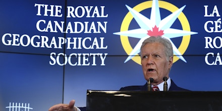 Alex Trebek, host of TV game show Jeopardy! and honorary president of The Royal Canadian Geographical Society, speaks during the official opening of Canada's Centre for Geography and Exploration, the new headquarters of The Royal Canadian Geographical Society at 50 Sussex Drive in Ottawa on Monday, May 13, 2019. (Justin Tang/The Canadian Press via AP)