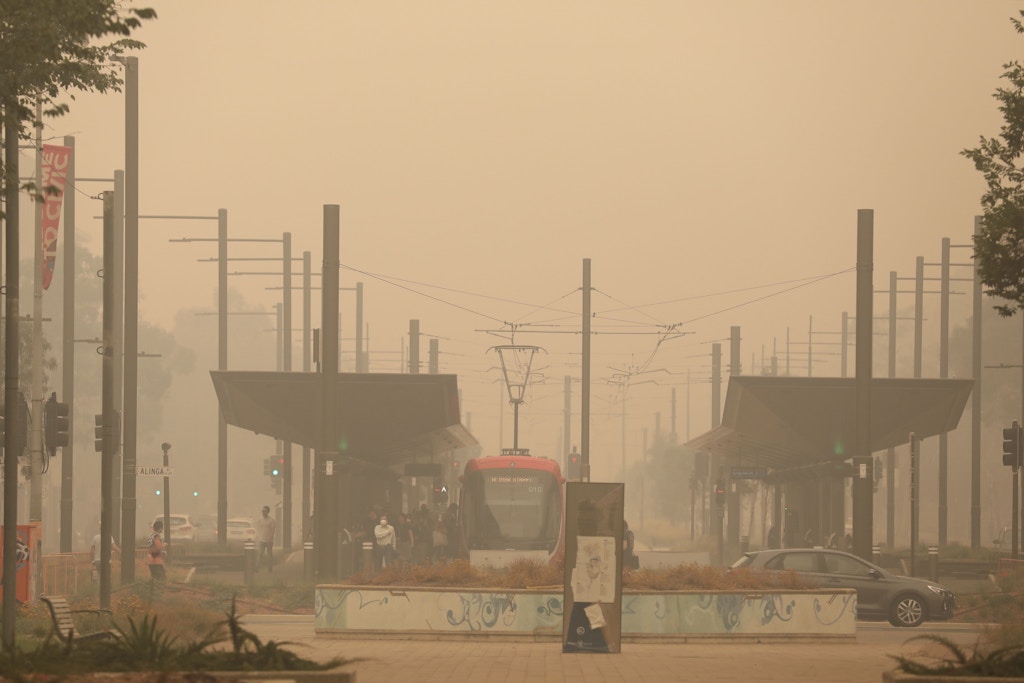 CANBERRA, Jan. 5, 2020 -- A light-rail station is shrouded in bushfire smoke in Canberra, Australia, Jan. 5, 2020. Australia's bushfire crisis, which has seen more than 1,500 homes destroyed and at least 23 confirmed deaths according to The Australian newspaper, were expected to be exacerbated by catastrophic conditions forecast for Saturday. (Photo by Chu Chen/Xinhua via Getty) (Xinhua/Chu Chen via Getty Images)