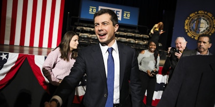 KEENE, NH - JANUARY 2: South Bend, IN Mayor and U.S. presidential candidate Pete Buttigieg shakes hands with supporters after speaking to a crowd of over 850 people during his sixth visit to the Monadnock region in Keene, NH on Jan. 2, 2020. With a little over a month to go before New Hampshire's first in the nation primary, Pete Buttigieg began his four-day, eight-town hall tour of New Hampshire at the Colonial Theatre in downtown Keene. (Photo by Erin Clark for The Boston Globe via Getty Images)