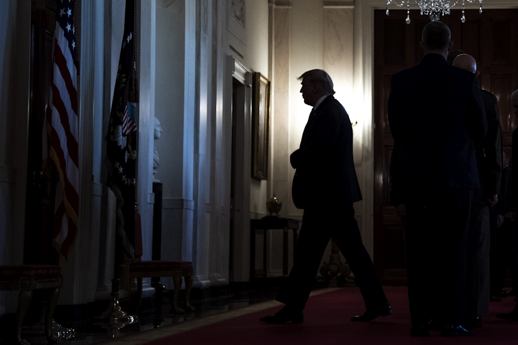 WASHINGTON, DC - JANUARY 8 : President Donald J. Trump departs after addressing the nation from the Grand Foyer at the White House on Wednesday, Jan 08, 2020 in Washington, DC. President Trump said no Americans were killed or wounded when Iranian forces launched more than a dozen ballistic missiles against two military bases in Iraq early Wednesday local time, marking the most significant Iranian attack in a growing conflict with the United States. (Photo by Jabin Botsford/The Washington Post via Getty Images)