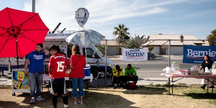 Bernie Sanders supporters gather at the Eldorado Highschool soccer fields in Las Vegas, Nevada for the Unidos Con Soccer Tournament on Feb 17, 2020. Krystal Ramirez for The Intercept