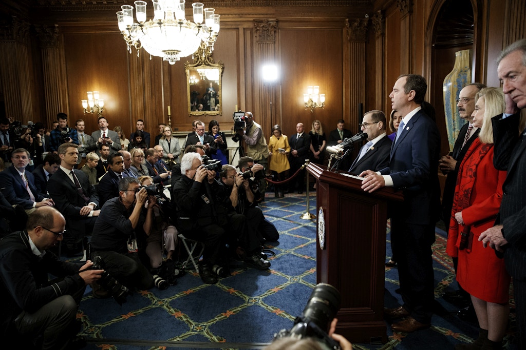 WASHINGTON, Dec. 10, 2019 -- U.S. House Democratic committee chairs attend a news conference to announce articles of impeachment against U.S. President Donald Trump on Capitol Hill in Washington D.C., the United States, on Dec. 10, 2019. U.S. House Democrats on Tuesday moved forward by announcing two articles of impeachment, accusing U.S. President Donald Trump of abuse of power and obstruction of Congress, culminating over two months of investigation by Democrat-led House committees into the president's dealings with Ukraine. (Photo by Ting Shen/Xinhua via Getty Images) (Xinhua/Ting Shen via Getty Images)