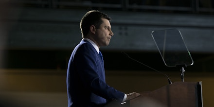 Pete Buttigieg, former mayor of South Bend and 2020 presidential candidate, speaks during a primary night rally in Nashua, New Hampshire, U.S., on Tuesday, Feb. 11, 2020. Bernie Sanders won the New Hampshire primary Tuesday, fending off strong challenges from Buttigieg and Amy Klobuchar as he sought to solidify his status as standard bearer of a Democratic party split between progressives and moderates. Photographer: Kate Flock/Bloomberg via Getty Images