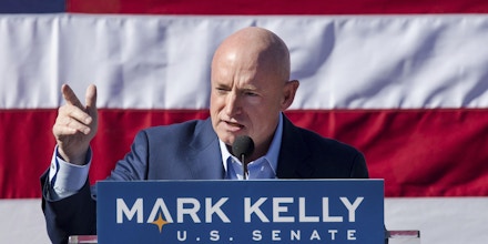 FILE - In this Feb. 23, 2019, file photo, Mark Kelly speaks during his senate campaign kickoff event in Tucson, Ariz. Arizona Republican Martha McSally has formally launched her campaign in one of the most hotly contested Senate races of the 2020 election. McSally has been hiring staff, raising money and campaigning for nearly a year but officially kicked off her election bid with a video posted Tuesday, Feb. 11, 2020, to her social media accounts. The 3 1/2-minute video offers a preview of McSally's message for the coming months. McSally is likely to face retired Democratic astronaut Mark Kelly in the November election. The winner will finish the last two years of the late Republican Sen. John McCain's last term in the Senate. (Mike Christy/Arizona Daily Star via AP, File)