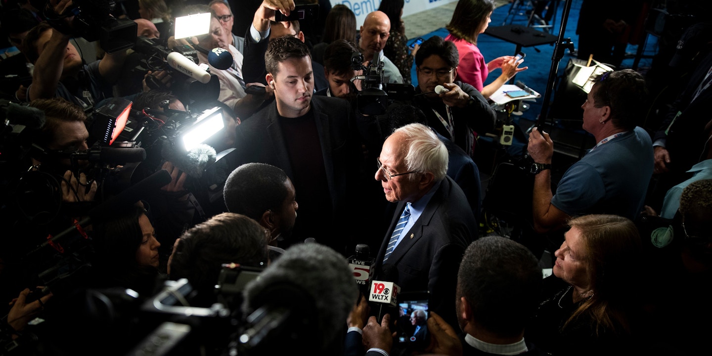 FILE - In this Tuesday, Feb. 25, 2020, file photo, Democratic presidential candidate Sen. Bernie Sanders, I-Vt., speaks with members of the media after a Democratic presidential primary debate in Charleston, S.C. As Sanders reaches out to black voters ahead of South Carolina's Saturday primary, seeking to cut into former Vice President Joe Biden's firewall of black support in the state, the Democratic front-runner's Jewish identity isn't much of a factor. (AP Photo/Matt Rourke, File)