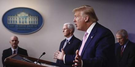 President Donald Trump speaks during a coronavirus task force briefing at the White House, Saturday, April 4, 2020, in Washington. (AP Photo/Patrick Semansky)