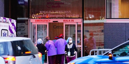 Nurses take photos during their break at NYU Langone hospital in Manhattan New York City, USA, during coronavirus pandemic on April 10, 2020. (Photo by John Nacion/NurPhoto via Getty Images)