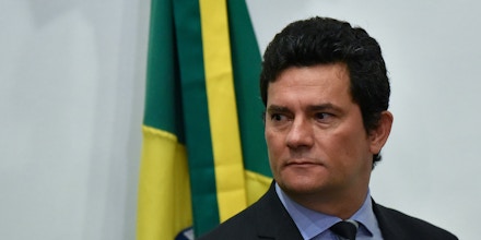 Sergio Moro, Brazil's minister of justice, arrives for a news conference at the Ministry of Justice in Brasilia, Brazil, on Friday, April 24, 2020. Jair Bolsonaro dismissed the head of the federal police after the president's plans to make changes in the security forces reportedly prompted Moro to hand in his resignation. Photographer: Andre Borges/Bloomberg via Getty Images