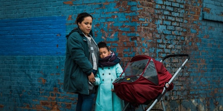 Johanna Garcia, 27, left, her daughter, Abigail, 4, center, and son Logan, 10 months, right, pose for a portrait during their daily walk through the South Bronx. Ms. Garcia and her children live in a homeless shelter in the Bronx, where she says the close living quarters with others make the COVID-19 pandemic especially worrisome for people living in city shelters.