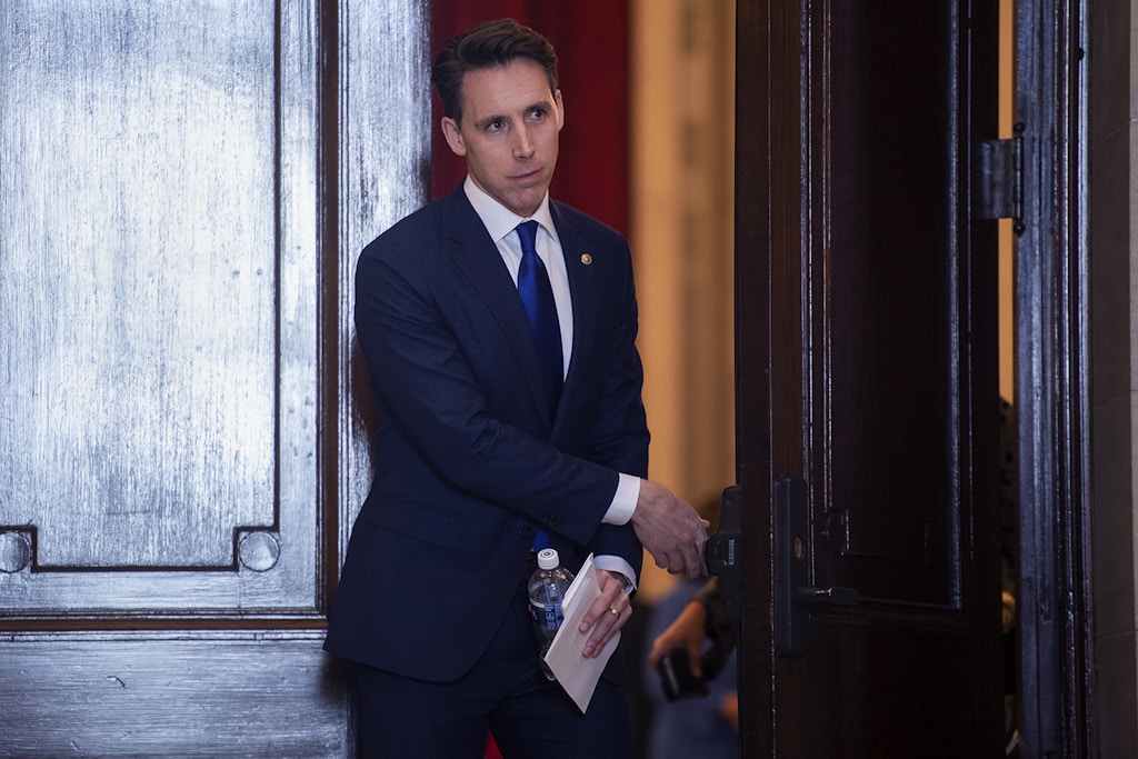 UNITED STATES - MARCH 17: Sen. Josh Hawley, R-Mo.,  leaves the Senate Republican Policy luncheon in Russell Building on Tuesday, March 17, 2020. Treasury Secretary Steven Mnuchin attended to discuss the coronavirus relief package. (Photo By Tom Williams/CQ-Roll Call, Inc via Getty Images)