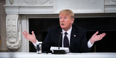 U.S. President Donald Trump speaks during a meeting with restaurant executives in the State Dining Room of the White House in Washington, D.C., U.S., on Monday, May 18, 2020. Trump said he is currently taking hydroxychloroquine, the anti-malaria drug he has promoted as a treatment to combat coronavirus infection. Photographer: Doug Mills/The New York Times/Bloomberg