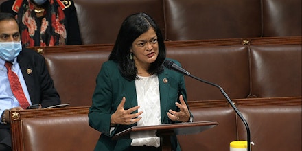 In this image from video, Rep. Pramila Jayapal, D-Wash., speaks on the floor of the House of Representatives at the U.S. Capitol in Washington, Thursday, April 23, 2020. (House Television via AP)