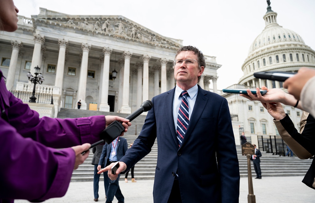 UNITED STATES - MARCH 27: Rep. Thomas Massie, R-Ky., stops to speak with reporters as he leaves the Capitol after the Coronavirus Aid, Relief, and Economic Security Act was passed in the House on Friday, March 27, 2020. (Photo By Bill Clark/CQ-Roll Call, Inc via Getty Images)