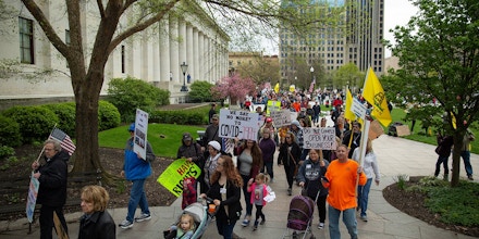 COLOMBUS, USA - MAY 01 : Demonstrators protest outside the Ohio statehouse in opposition of Governor DeWine's stay-at-home order in Columbus, Ohio, United States on May 1, 2020. (Photo by Stringer/Anadolu Agency via Getty Images)