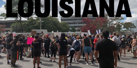 Protesters gather in Harvey, La., outside the Jefferson Parish Sheriff’s Office on June 4, 2020, following the shooting of parish resident Modesto Reyes by JPSO officers. 