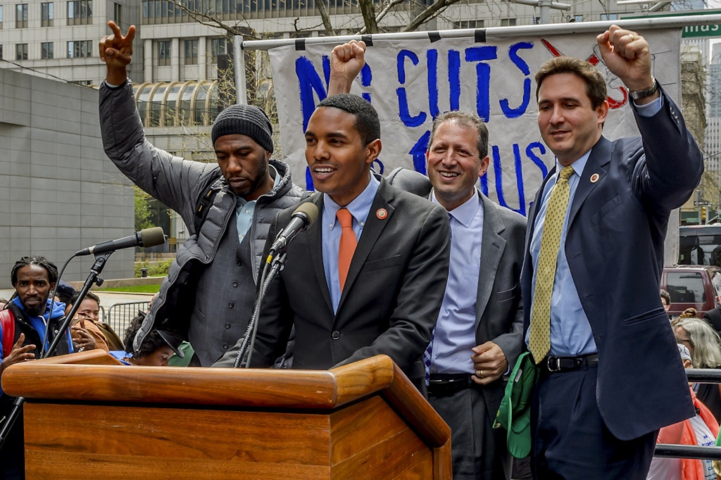New York City Councilmembers addressing the crowd - In an act of peaceful civil disobedience, a total of nine New Yorkers were arrested on April 20, 2017; protesting President Trump's proposed federal housing cuts. The group refused to stop protesting beyond police barricades during a major demonstration by thousands at 26 Federal Plaza in New York City. Trump's proposal to cut $6.2 billion in federal housing funds would decimate programs that help millions of low-income Americans keep a roof over their heads. (Photo by Erik McGregor) *** Please Use Credit from Credit Field ***(Sipa via AP Images)